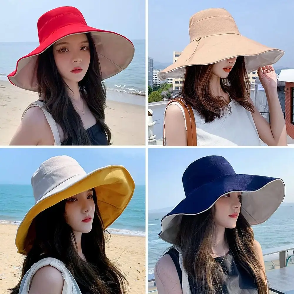 หมวก Topi Bucket สองด้านปีกใหญ่พับได้สำหรับฤดูใบไม้ผลิฤดูร้อนหมวกชายทะเลชาวประมงพกพาได้หมวกผู้หญิงผู้ชาย