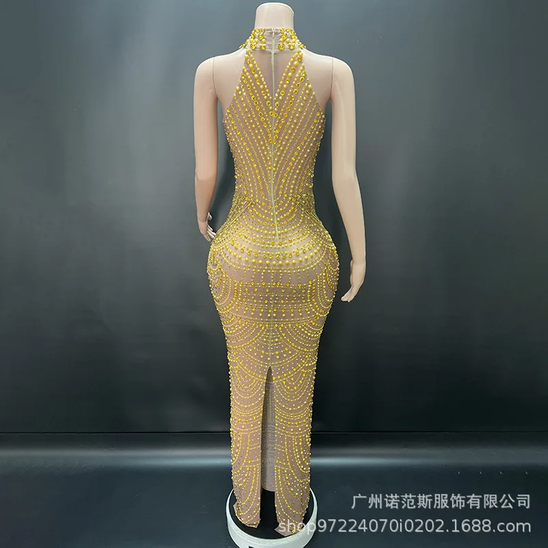 2025 고급 럭셔리 골드 체인 템퍼먼트 롱 드레스 연례 회의 여성용 고급 드레스 상업 공연 여성용