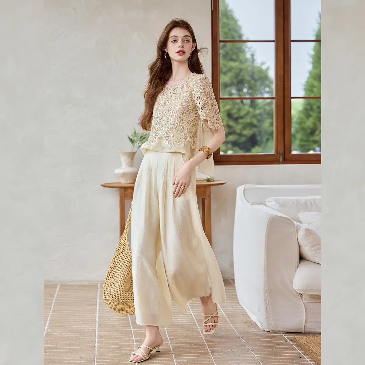 LOUISYAO Women French 2 Piece Set Summer 2026 Sequin Hollow Out Lace Top Wide Leg Pants Elegant Co-ord Matching Outfit