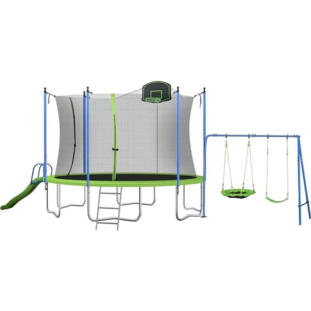 

14FT Trampoline Set With Swing Garden Trampoline for Exercise 14FT With Swing & Slide (Recreational Trampoline) Green Jump