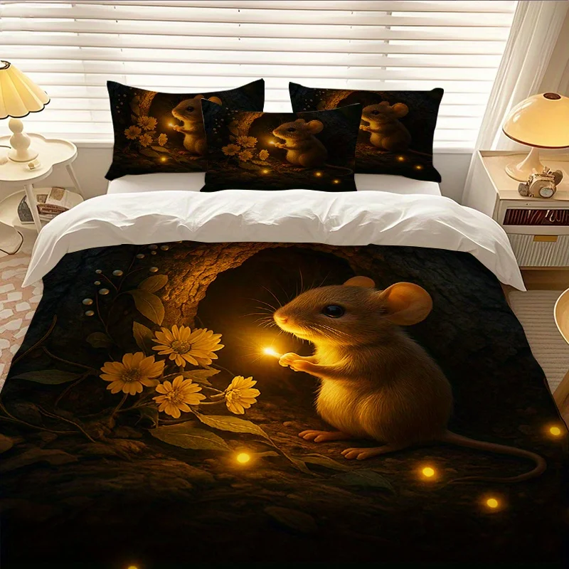 Christmas Duvet Cover Set Cute Rabbit Hope Flower 100% Polyester Fiber Duvet Cover Ultra Soft Brushed Bedding for Bedroom Hotel Dormitory