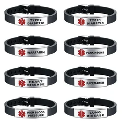 Diabetic Medical Alert ID Bangles Adjustable Silicone Band Bracelets for Men Woman Kids SOS Jewelry 8.3Inch