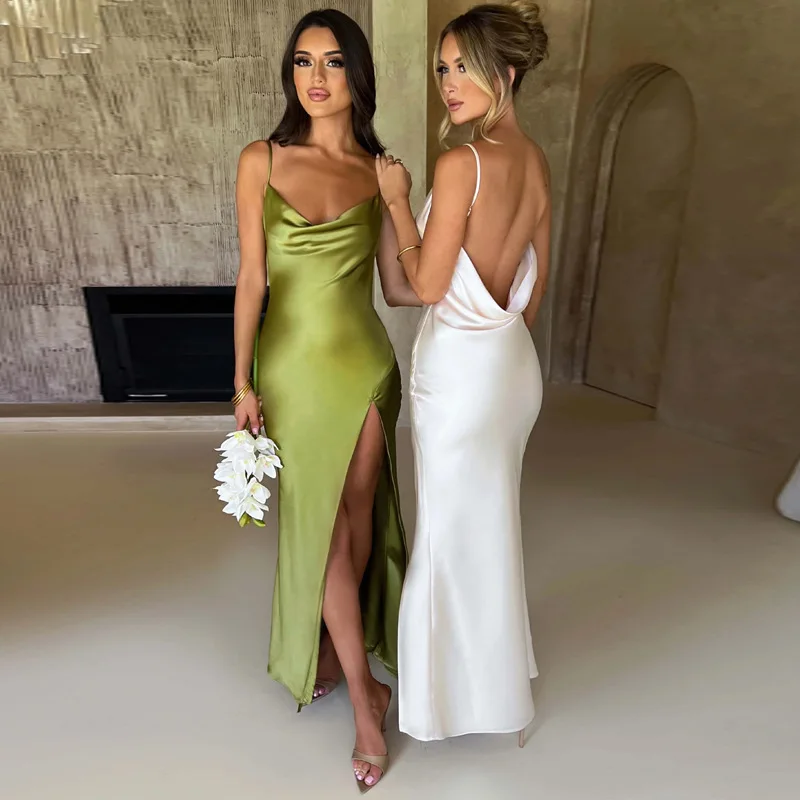 

Satin Sleeveless Sexy Long Dress Elegant Party Dress for Women 2025 Summer High Slit Backless Party Formal Occasion Dresses