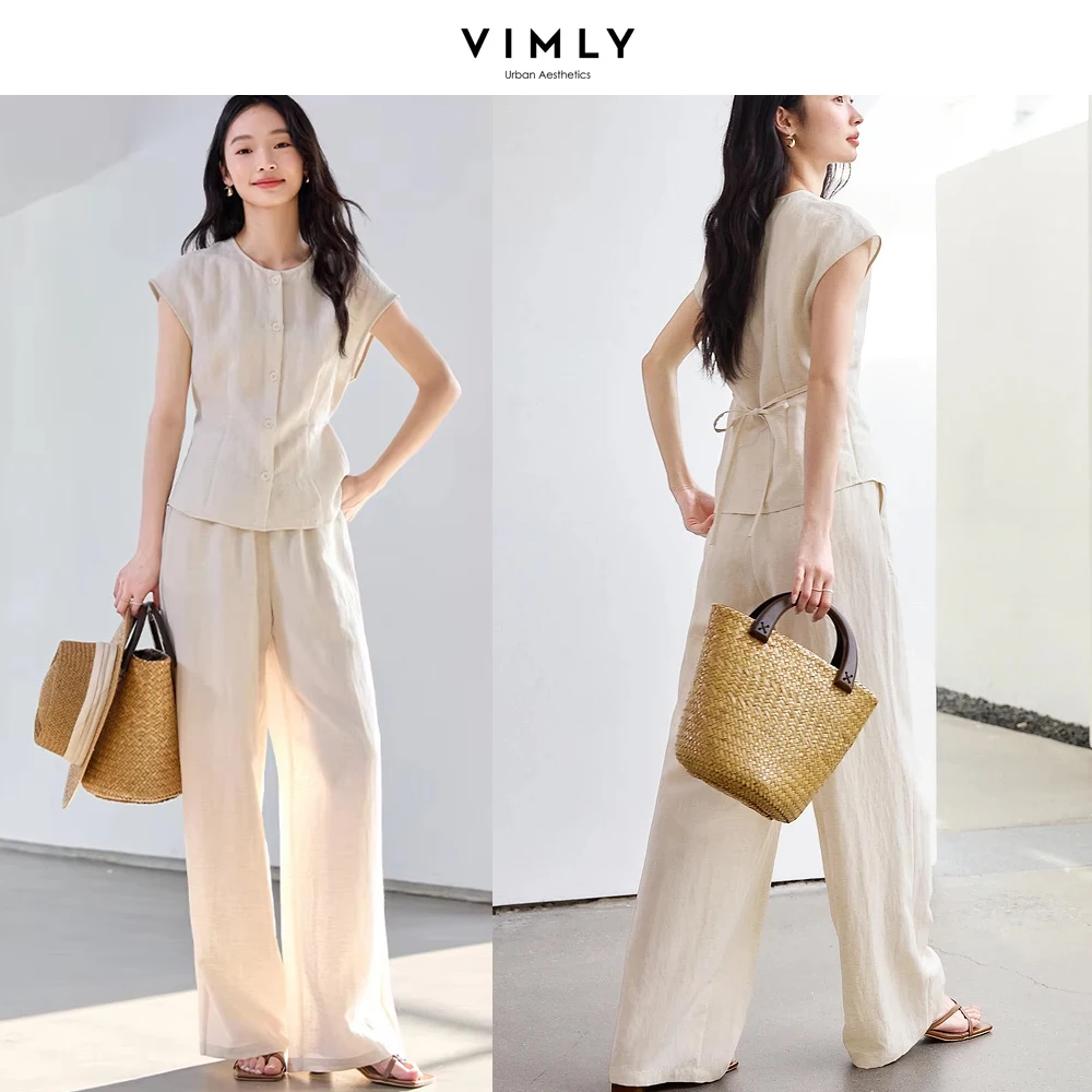 

VIMLY Women's Linen Blend Pant Sets 2025 Women Two Piece Summer Office Outfits Ladies Sleeveless Shirt + Wide Leg Pants M9725