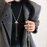 Shiny Zircon Saturn Long Necklace for Women Autumn Winter Light Luxury Snake Bone Chain Accessories to Match Sweaters
