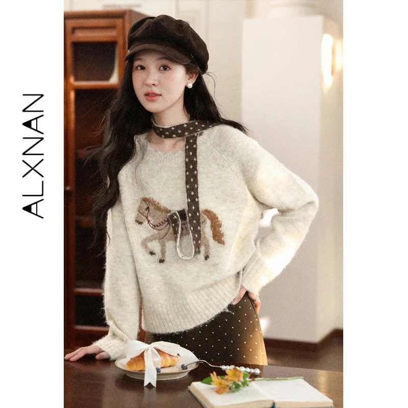 

ALXNAN Women's Sweater Crew Neck Horse Embroidery Pullovers Casual Loose-fit Knitwear with Removable Scarf Tie Included L61009