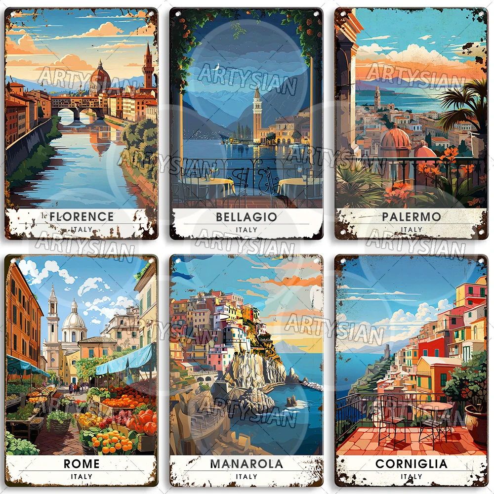 Italy Travel Cityscape Metal Sign Florence Amalfi Rome Colosseum Palermo Corniglia Cliffside Manarola Monterosso Riomaggiore