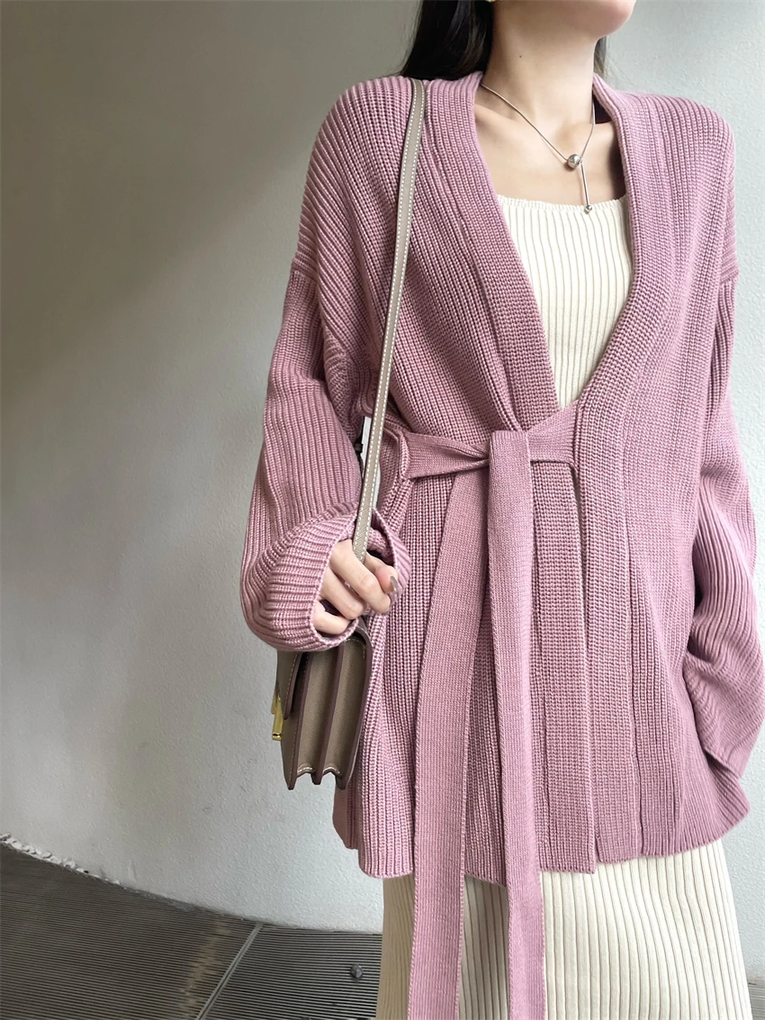 Lace Up Lazy Wool Cardigan Soft Loose Knitted Sweater Coat Spring and Autumn Design Sense Top Sexy Goddess Cute