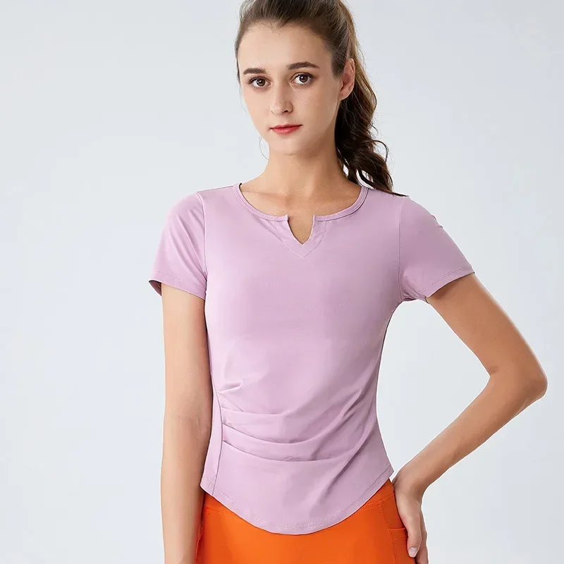 

Slim-fit sports short-sleeved V-neck T-shirt women's elastic quick drying can wear running fitness clothes base yoga clothes