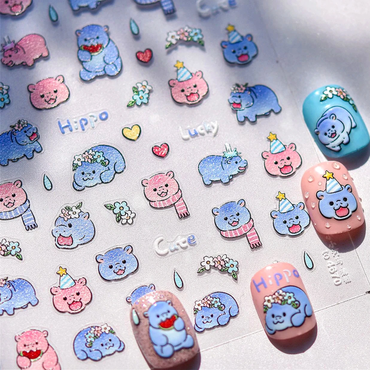 Blue Hippo Bowknot สีขาวผ้าพันคอสุนัขลูกสุนัขน่ารัก Hippocampus หมวกสตรอเบอร์รี่เบียร์เชอร์รี่ Love Heart Nail Art สติกเกอร์เล็บ Decals