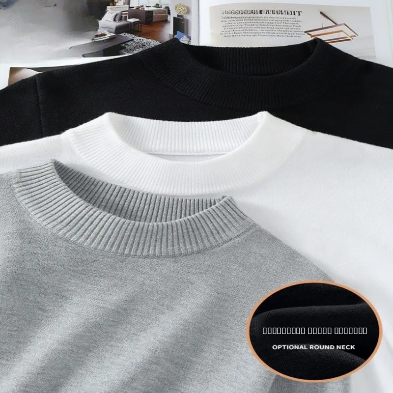 

Autumn Winter Men's Loose Knitted Long Sve Mid-Ne Color Base irt Inner Wear f High Collar Faionable Casual Top