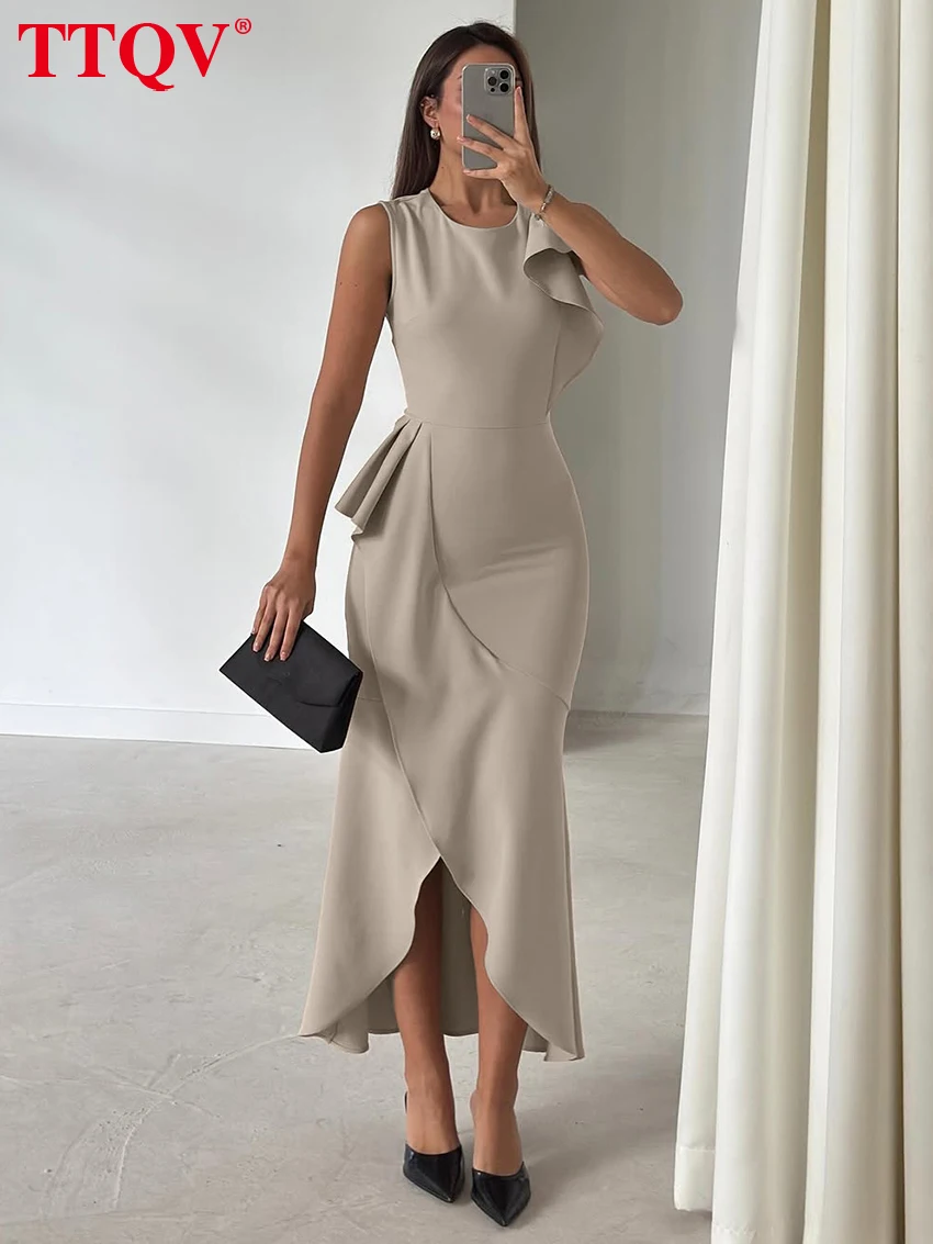 

TTQV Summer Loose Khaki Women Dress 2026 Fashion O-Neck Sleeveless Midi Dresses Elegant Classic Ruffles Female Dress Streetwear
