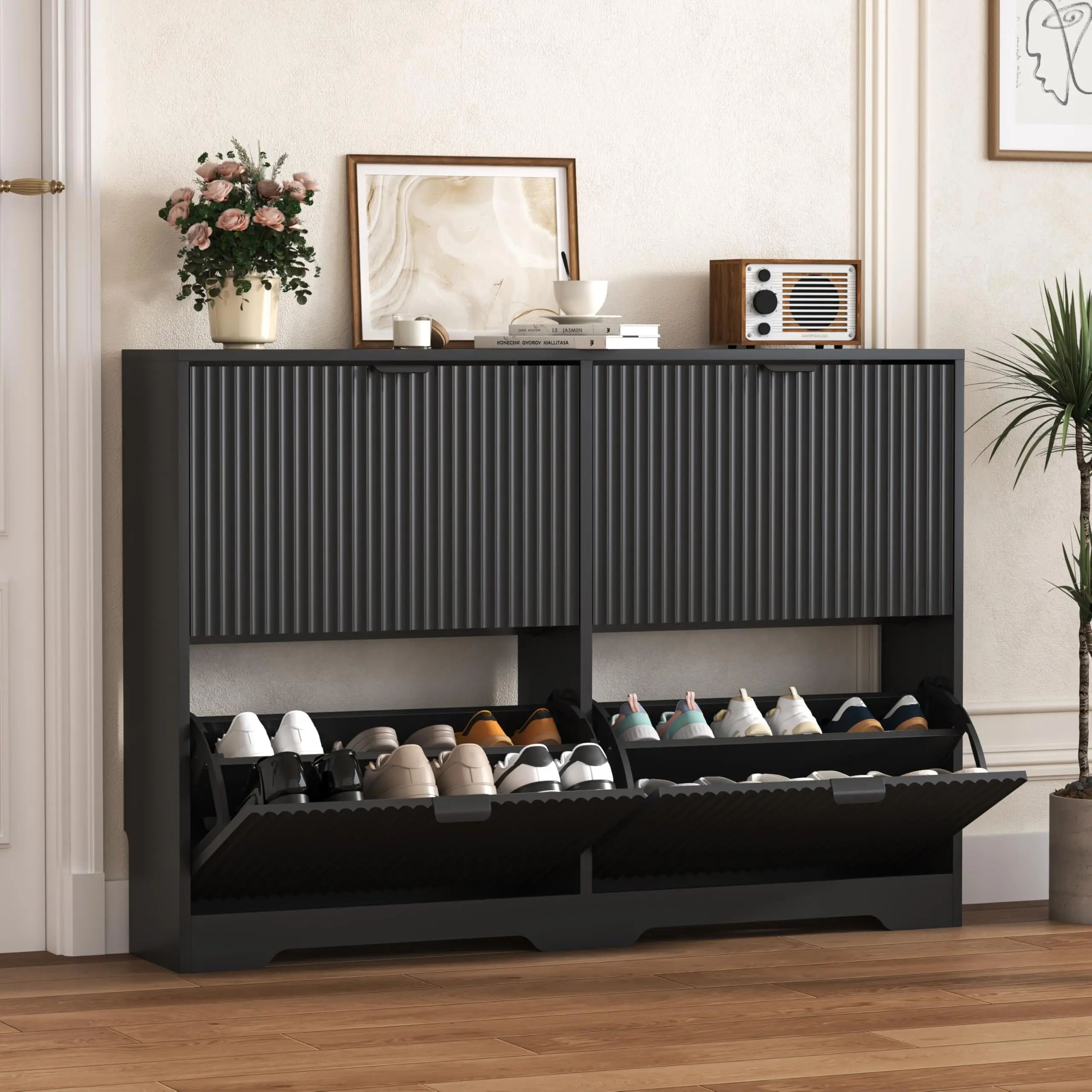 Shoe Cabinet Storage for Entryway with 4 Flip Drawers, Black Fluted Shoe Cabinet with Adjustable Shelves, Wooden Hidden