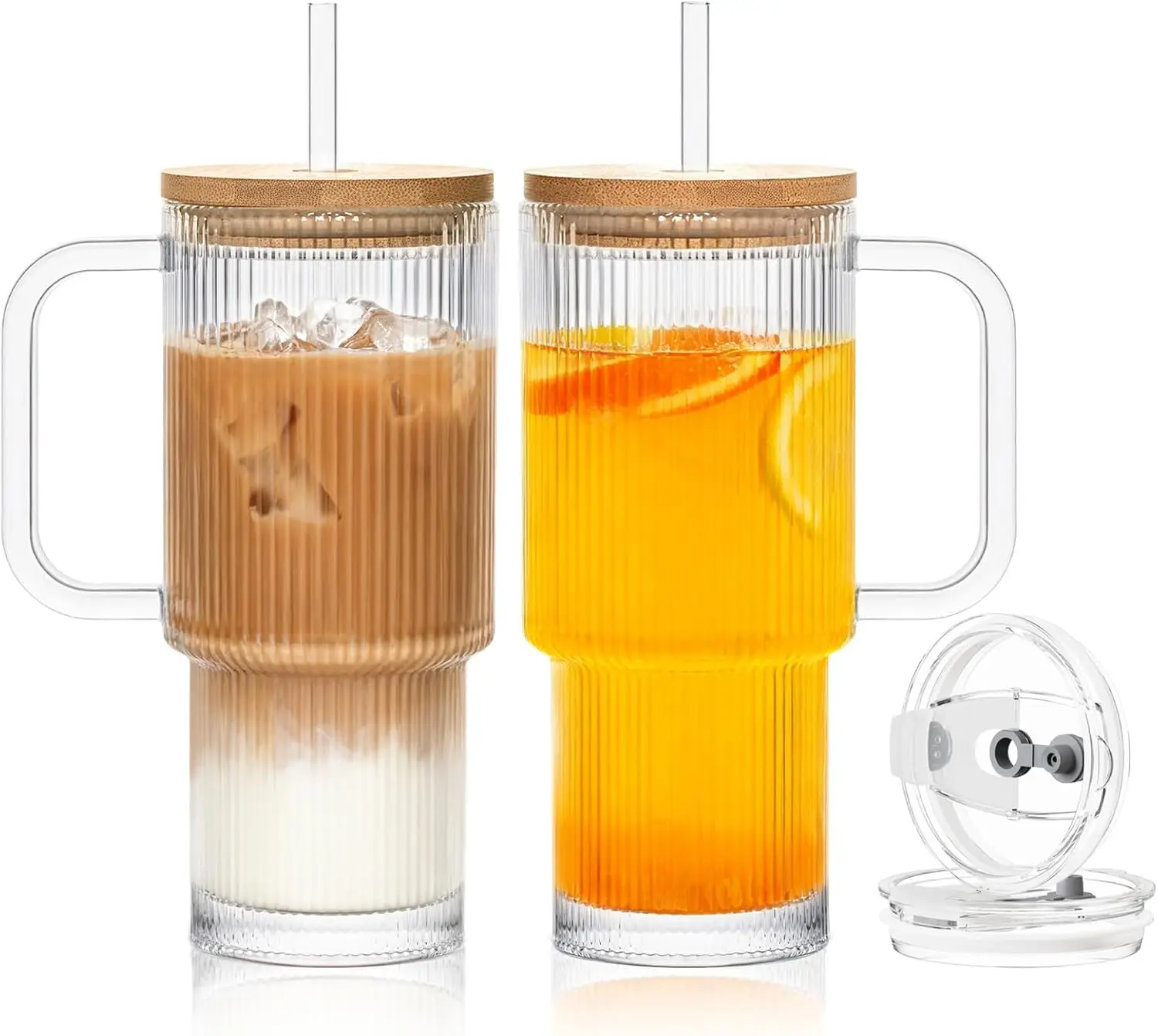 Vaso de vidrio acanalado de 24 oz con asa y tapa de bambú, juego de 2 tazas con tapas y pajitas para café, té, jugo, batidos