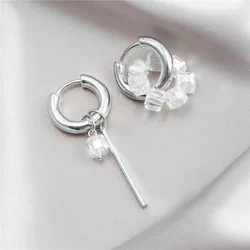 Statement Minimalist Silver Color Asymmetric Square Crystal Pendant Hoop Earrings Street Style Elegant Fashion Jewelry e376