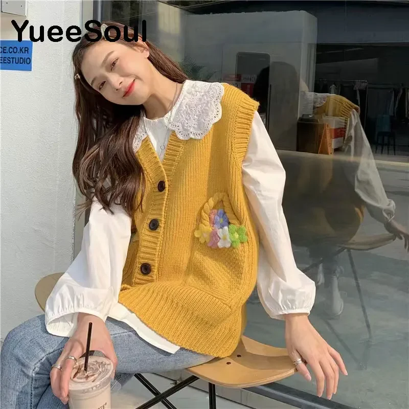 Vintage Cardigan 2023 New Printed Sleeveless Single Breasted Oversized Knitted Vest Women Casual Streetwear Womens Sweater