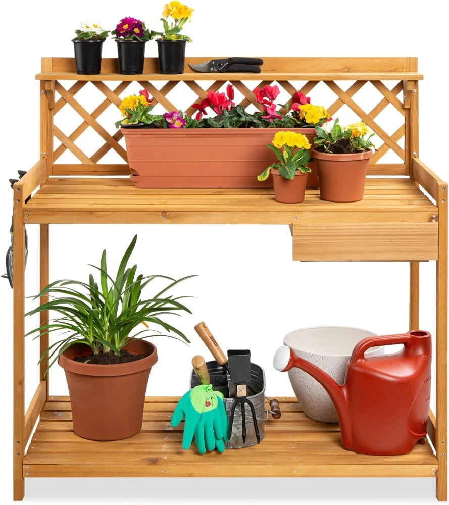 Outdoor Garden Potting Bench, Wooden Workstation Table w/Cabinet Drawer, Open Shelf, Lower Storage, Lattice Back - Natural