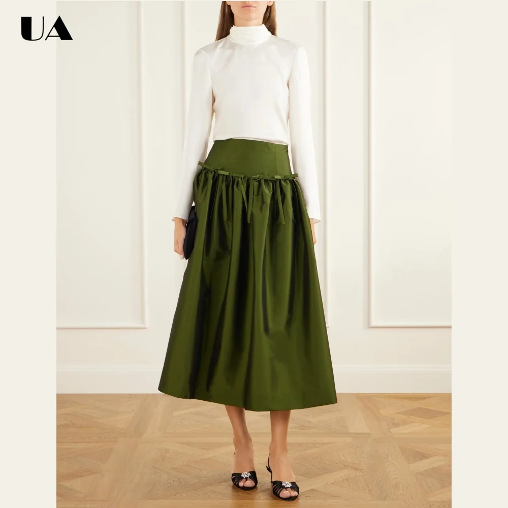 ULBYANRY A-line Ruched Satin Skirt for 2026, New Hanging Glossy Mid Length Skirts with Bows, Customized Classy Skirt for Party