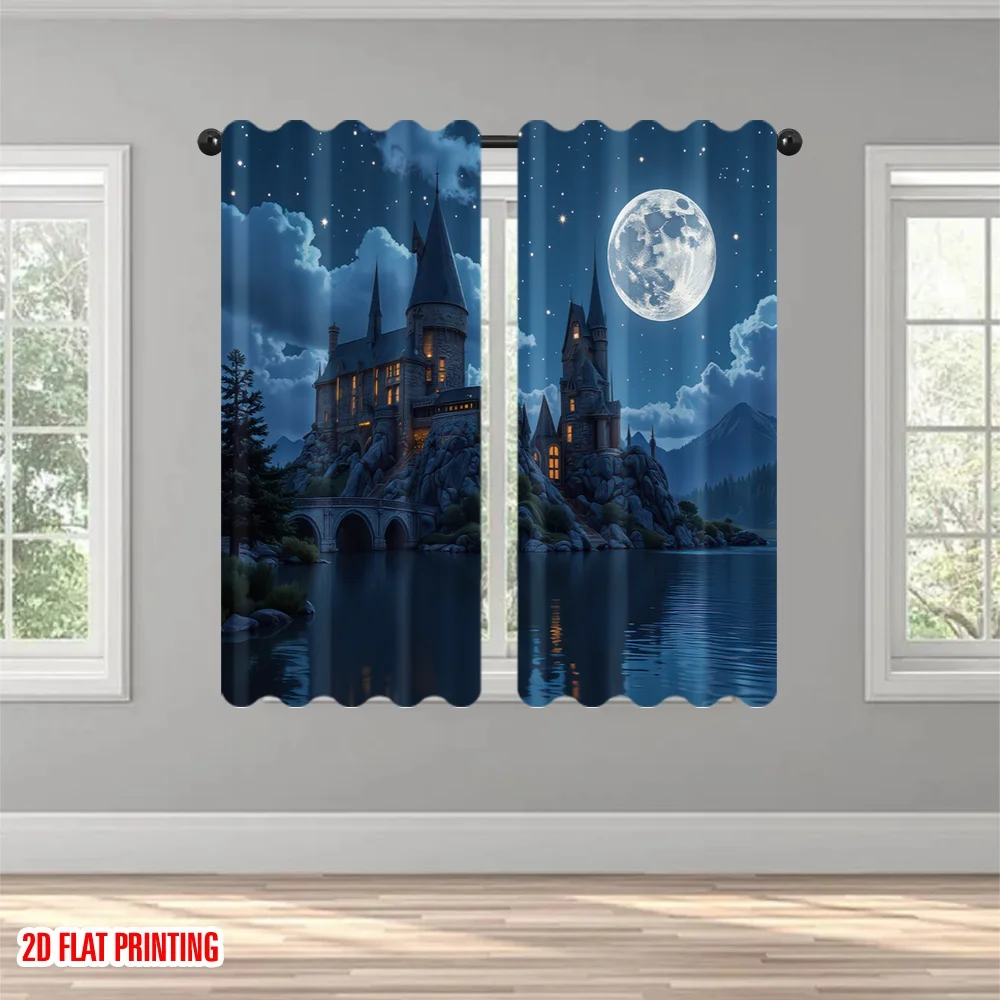 Moonlit Castle Lake Rod Pocket Window Curtains 2 Panel Gothic Landscape Drapes for Living Room Bedroom Decor