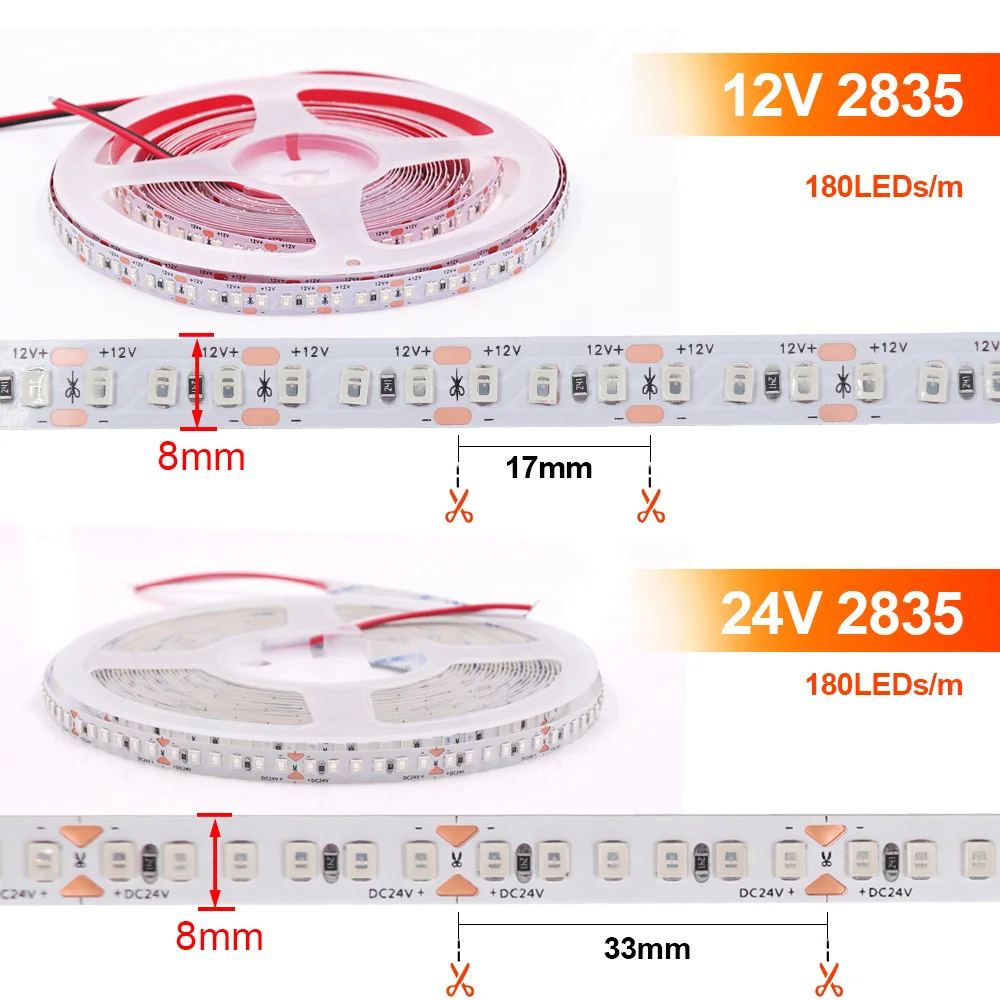 12v 24v 5m 10m SMD 2835 Led Strip Light Flexible LED Tape Lights High Bright 180Led/m with 2pin WIre Home Decoration 11 Colors