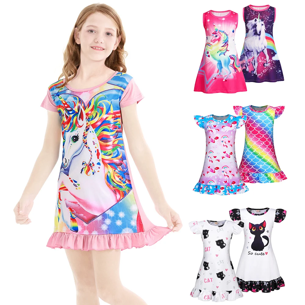 

Jurebecia 2-Pack Unicorn Nightgown for Girls Flutter Sleeve Pajamas Cartoon Night Dresses Rainbow Sleepwear Nightie