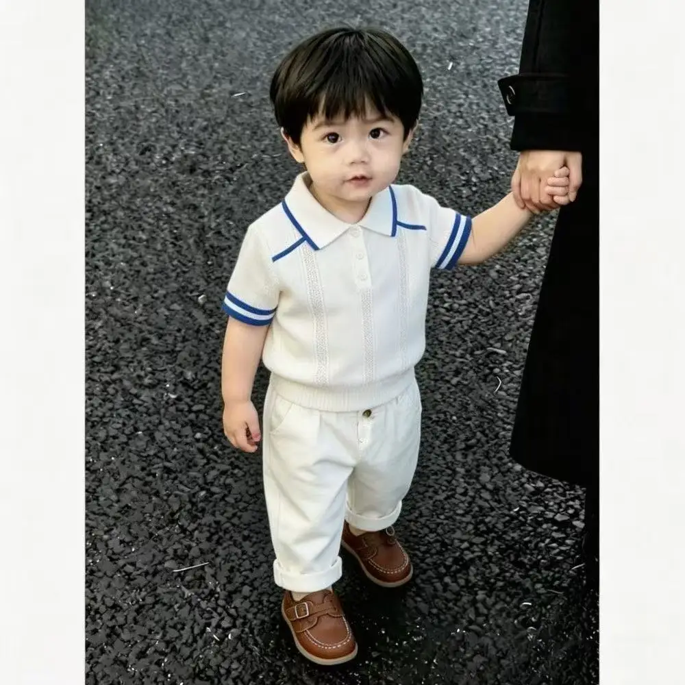 

Children's Set Summer New Style Boys' Fashion Short Sleeve Knitted Polo Shirt Casual Straight Pants Two Piece Set 2-7Y