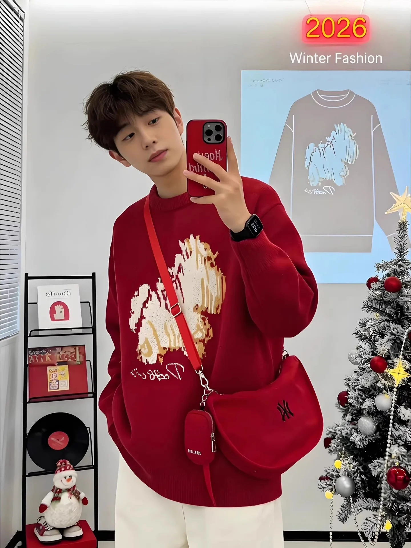 

Red Thiened round Ne Knitted Sweater for Men Winter Casual Wear Luy Year Print Tapestry Soft Polyester Fiber Home Comfort