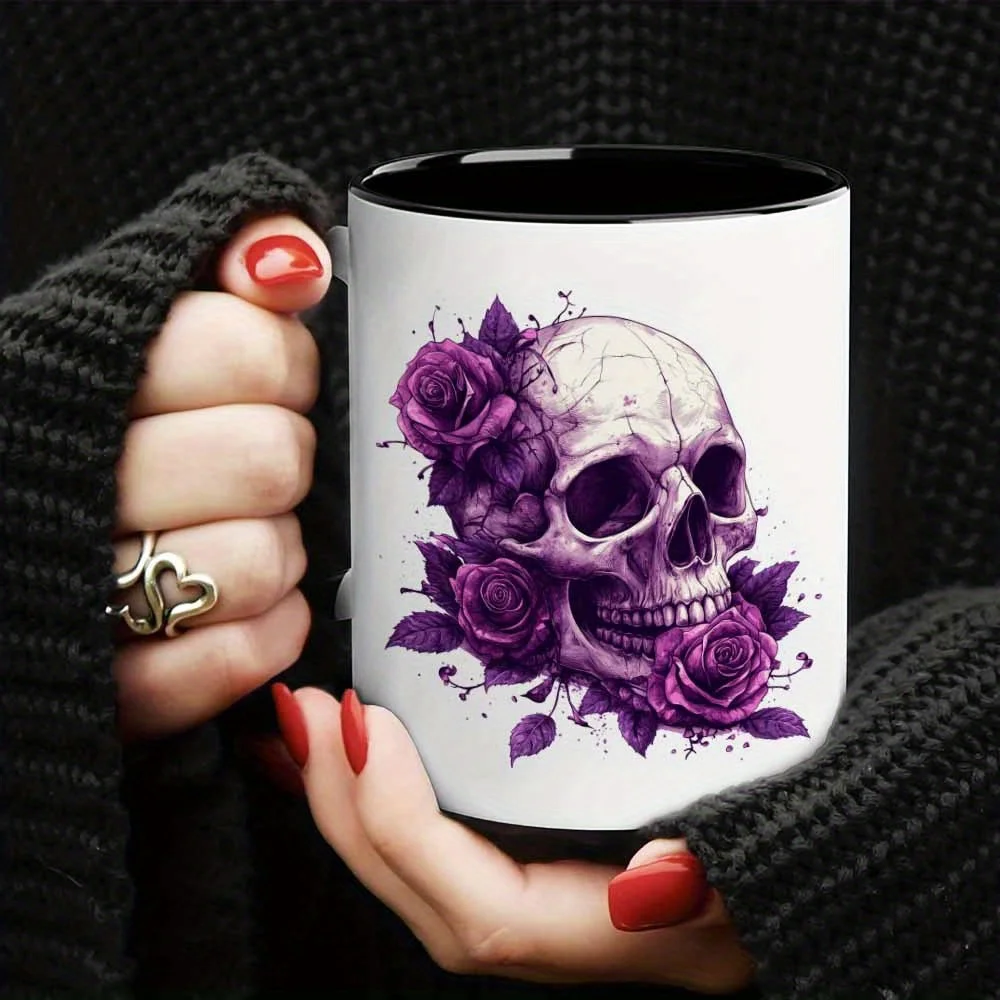 1pc Gothic Black Coffee Cup with Purple Roses & Skull - Ceramic Mug for Home, Office, Camping - Hot/Cold Drinks - Durable Ceramic Mug with Gothic Design - Unique Gift for & - 11oz Capacity (No Assembly Required)