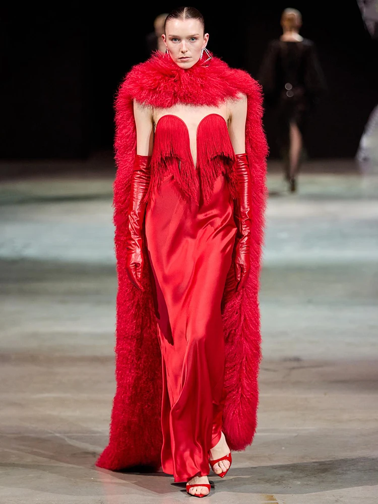 

Luxury Red Christmas Dress for Women – Feather Cape Satin Dress with Gloves Formal Evening Gown Festival Party New Long Dresses