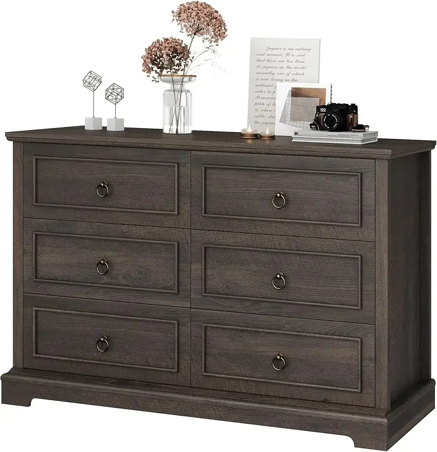 6 Drawer Double Dresser, Modern Farmhouse Chest of Drawers, Wide Dressers Organizer, Accent Wood Storage Cabinet