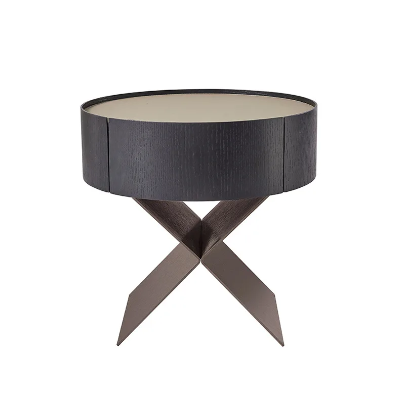 

Minimalist style oak bedside table, saddle leather, with smart bedside table, lightweight luxury bedroom furniture