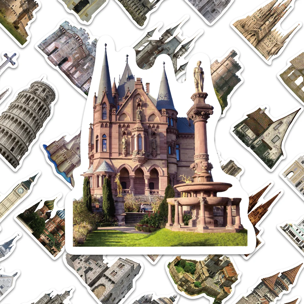 50pcs sheets of retro medieval castle architectural stickers decorated with guitar skateboard DIY notebook waterproof stickers