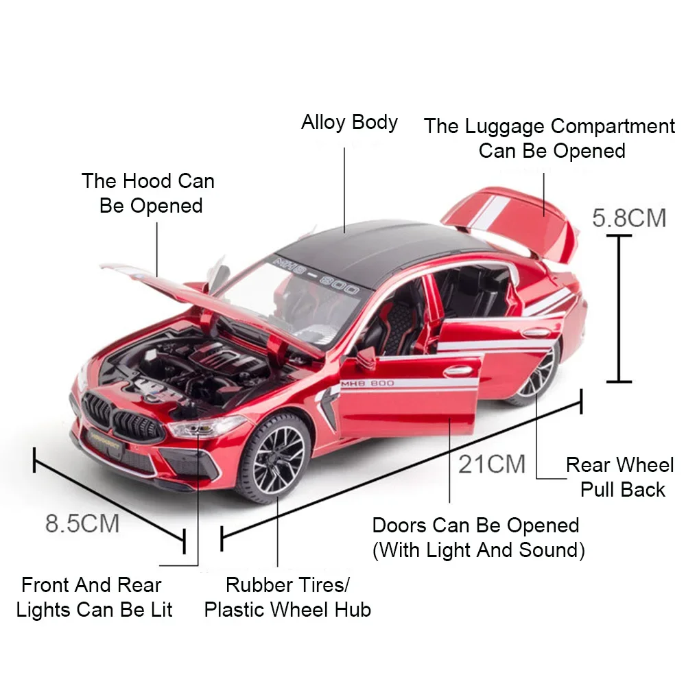 Coche de juguete deportivo M8 MH8-800 para niños, escala 1/24, aleación fundida a presión, tirar hacia atrás, sonido y puertas ligeras, vehículo abierto, juguetes de colección