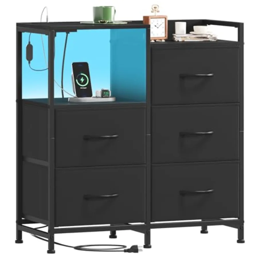 

Nightstand with Charging Station and LED Light, Wide 5 Drawers Dresser for Bedroom with Fabric Bins and Open Shelf for Bedroom