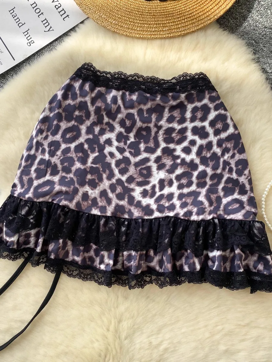 Foamlina été dentelle à volants imprimé léopard Mini jupe européen Ins pur désir conçu cravate taille haute Mini jupe