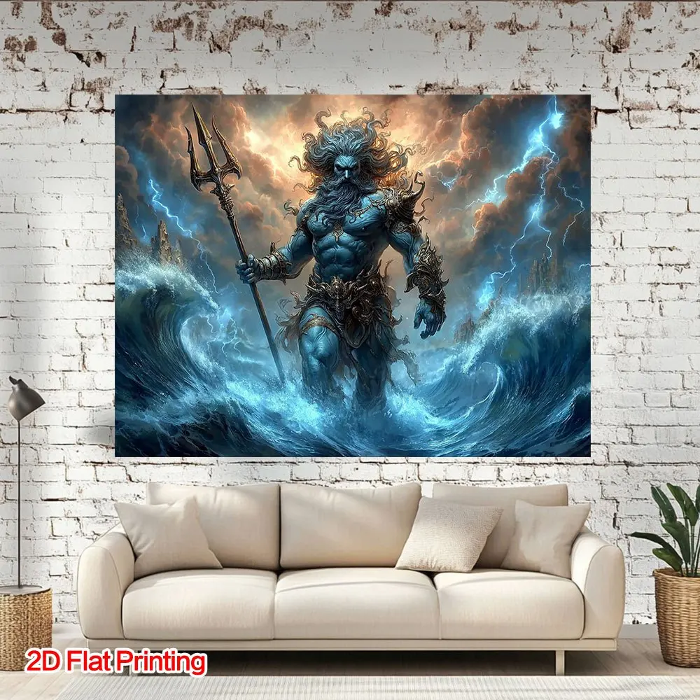1pc Greek God Poseidon Wall Tapestry, 2D Flat Print Ocean Mythology Art, Poseidon With Trident Polyester Wall Hanging, Greek Rom