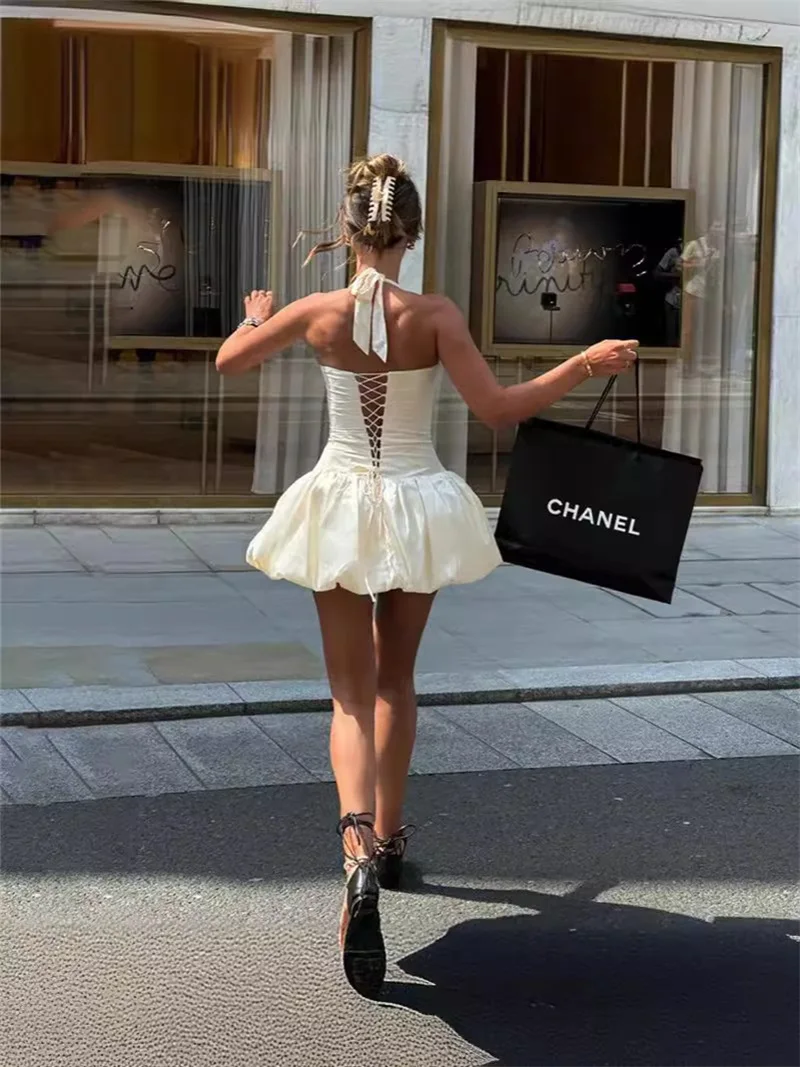 Vestido de graduación para mujer, minifalda corta con cuello Halter y cordones en la espalda, Sexy, sin mangas, para vacaciones en la playa