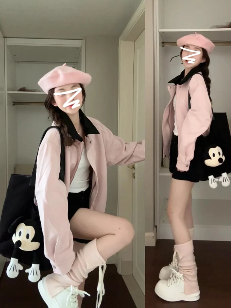 

Американский Sle розовый бейсбольный джет женский свободный повседневный корейский дизайн осенне-зимняя верхняя одежда из смеси полиэстера и спандекса