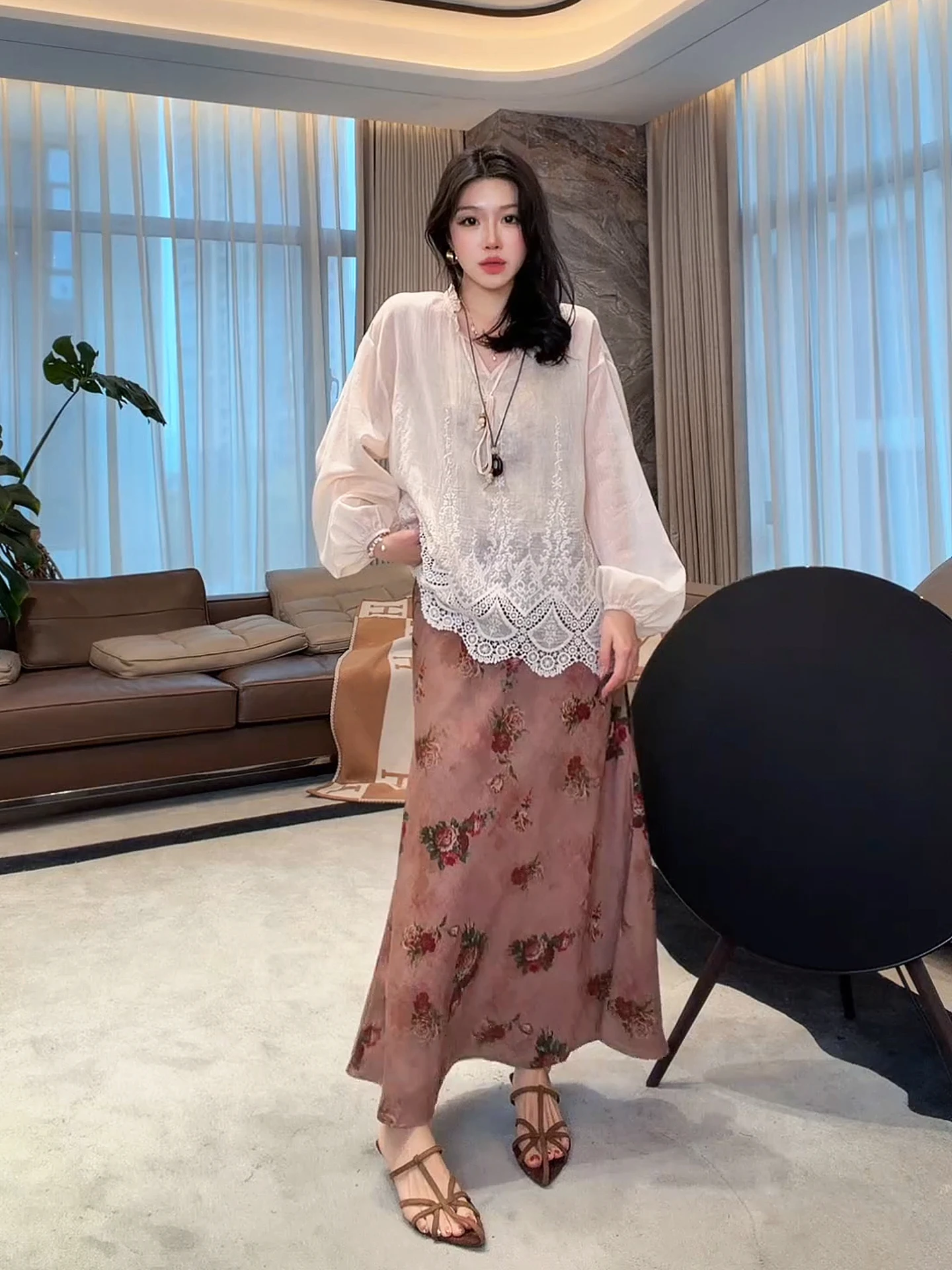 

Льняная футболка Lao Yang's Personal ME Rococo Smock нового фасона, приталенная, модная, с длинным рукавом, для женщин, повседневная, для фигуры типа «груша»