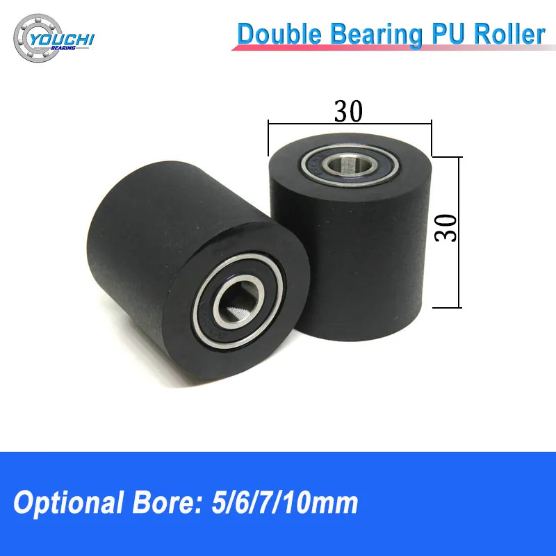 

4pcs 5/6/7/8/10mm Shaft 30mm Diameter 30mm Length Double Bearing Polyurethane Flat Guide Pulley Wheel PU Coated Driven Roller