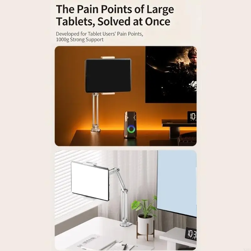 Foldable and Adjustable Tablets Phone Stand with Rotating Base Heights Control and Clamp Mount for Home Office Use 