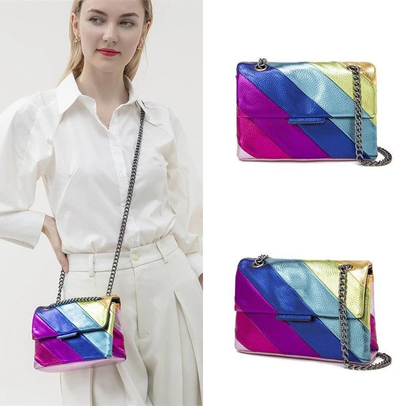 

Women Fashion Metallic Rainbow Color Stripes PU Vegan Leather Bag Small Square Magnet Flap Cover Metal Chain Cross body Daily