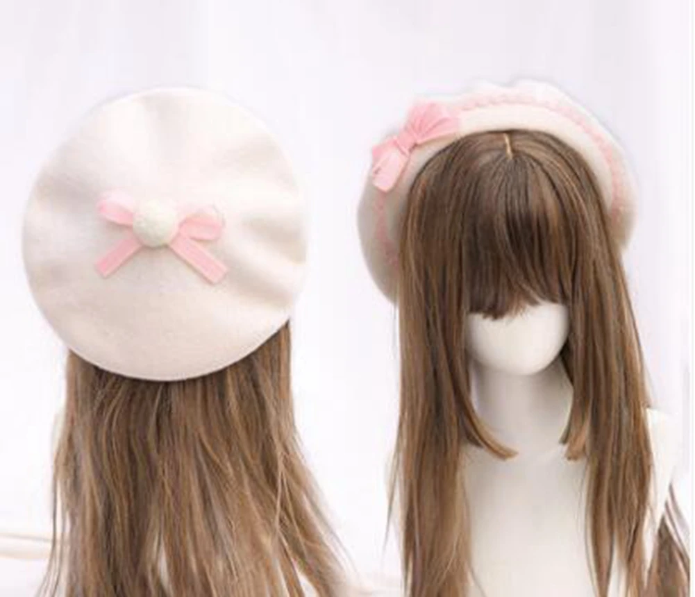 Niedliche Lolita-Baskenmütze für Damen, lässige Mode, koreanische Wolle, Schleife – Detail 2