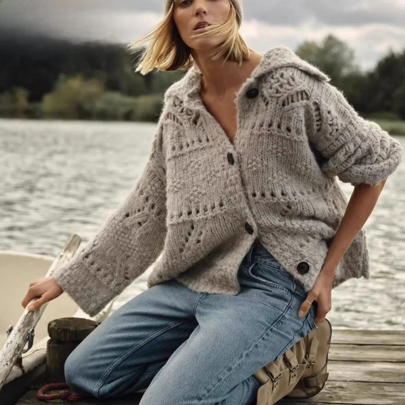 

Faionable Chunky Knit Hollow out Open Cardigan Sweater New Autumn 2025 Women's Casual Loose Fit Soft een Fiber Long Sve