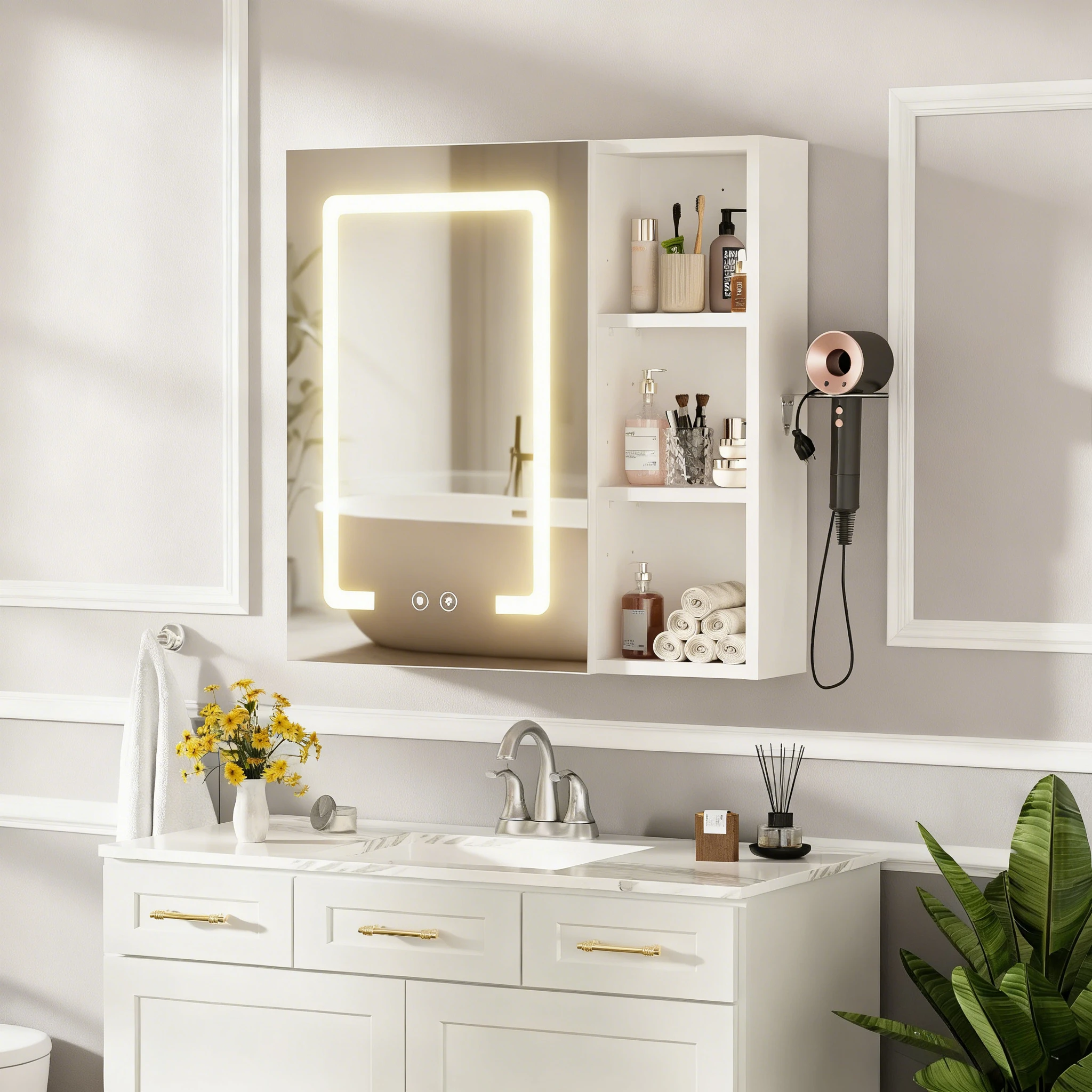 Bathroom Cabinet Wall-mounted Anti-fog Bathroom Mirror Cabinet Adjustable Three-color LED Light Strip/hairdryer Smart Storage