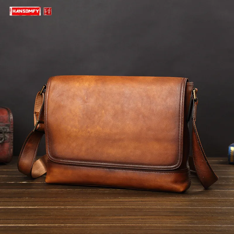 Bolsa de couro genuíno transversal para homens, pasta de negócios vintage, bolsa de ombro casual macia para computador, retrô