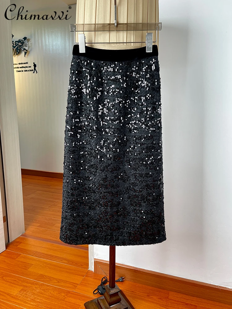 

Fashion High Waist Office Lady Sheath Skirt Women's 2023 Autumn Winter New High-End Velvet Stitching Tweed Sequined Skirts