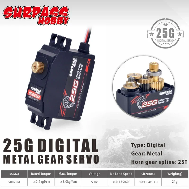 SURPASS Hobby 2PCS Digital Servo S0025M Metal Gear 25g Servo for RC Airplane Robot 1/12 RC Monster Car Helicopter Plane Boat Car