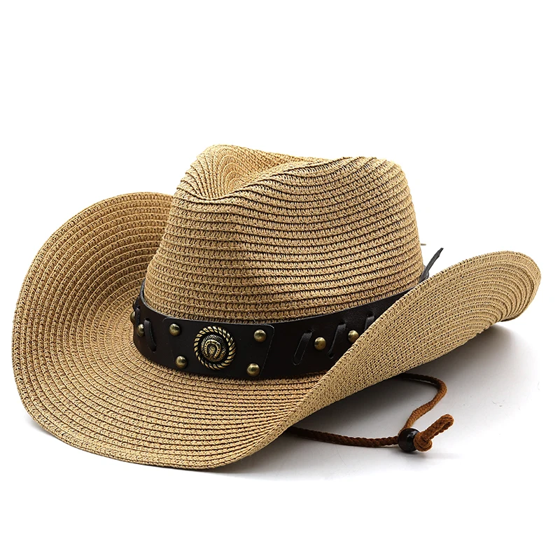 Simple Cowboy Hat Men\'s Sun Hat Wide Brim Fedora Hat Belt Decorate Beach Straw Hat for Men UV Protection Cap Chapeau Femme