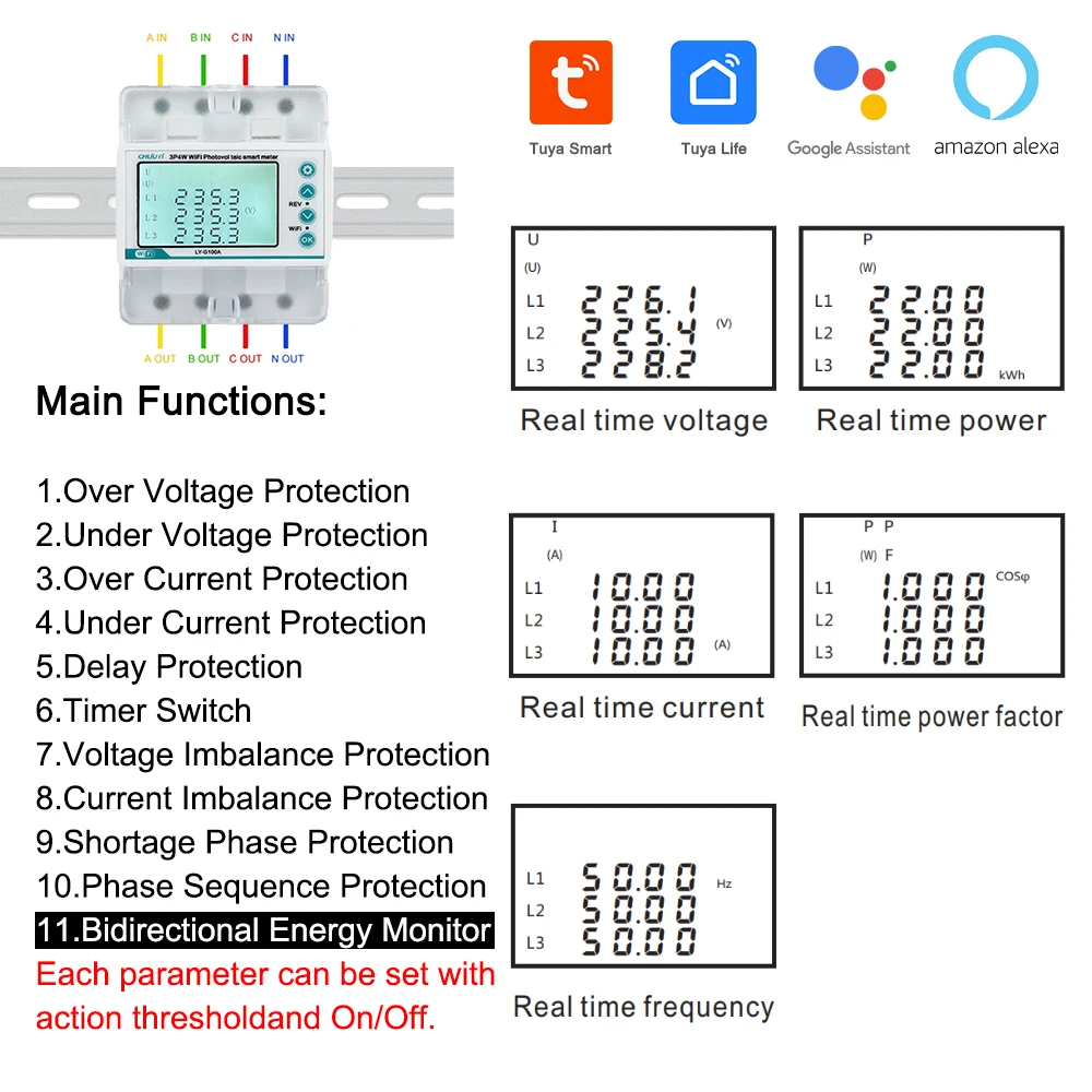 380V 100A Tuya WiFi Smart Bi-Directional Energy Power kWh Meter Over Under Voltage Protector Relay Switch Current Limit